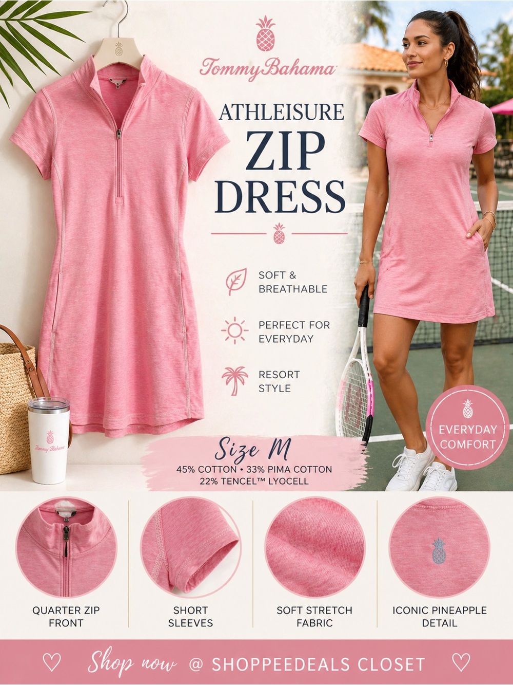 Tommy Bahama Pink Quarter Zip Short Sleeve Dress Tunic Size M